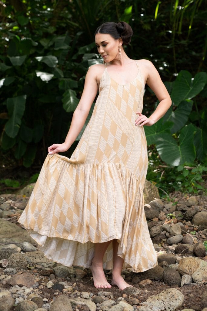 Model wearing OluOlua Maxi Dress in Tannin/Moonbeam - Front View