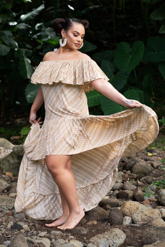Model wearing Hauoli Long Dress in Tannin/Moonbeam Hulu Nene - Front View