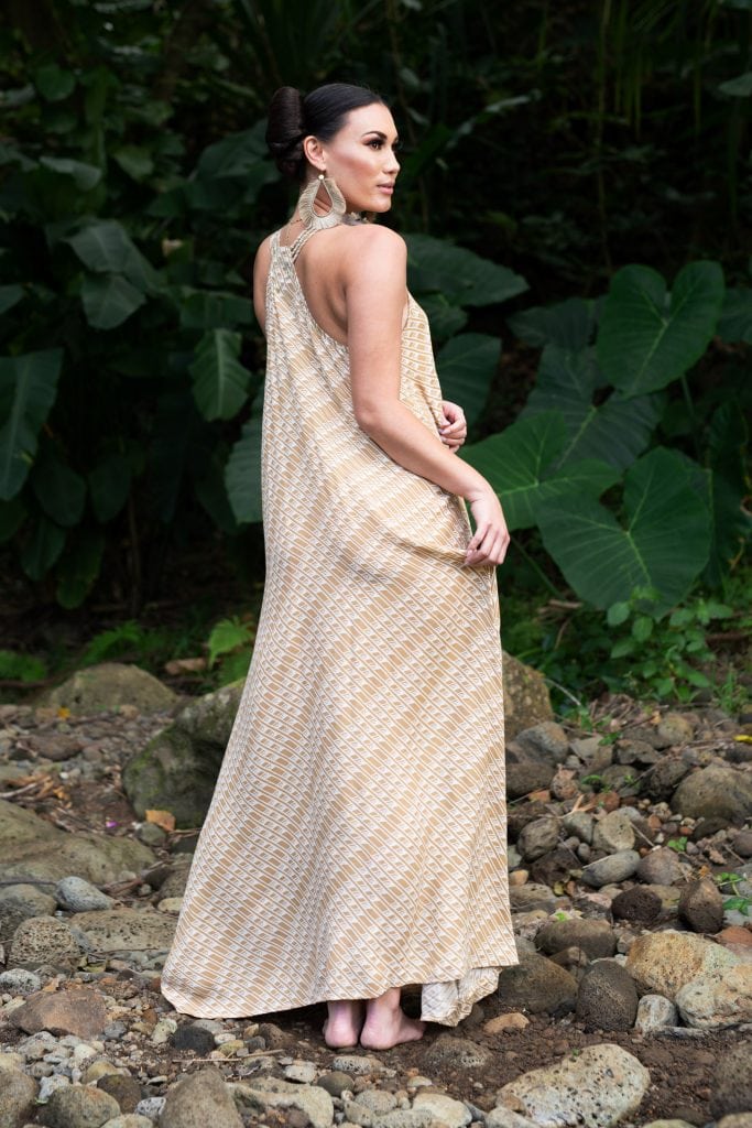 Model wearing Kaimanahila Long Dress in Tannin Moonbeam Hulunene - Back View