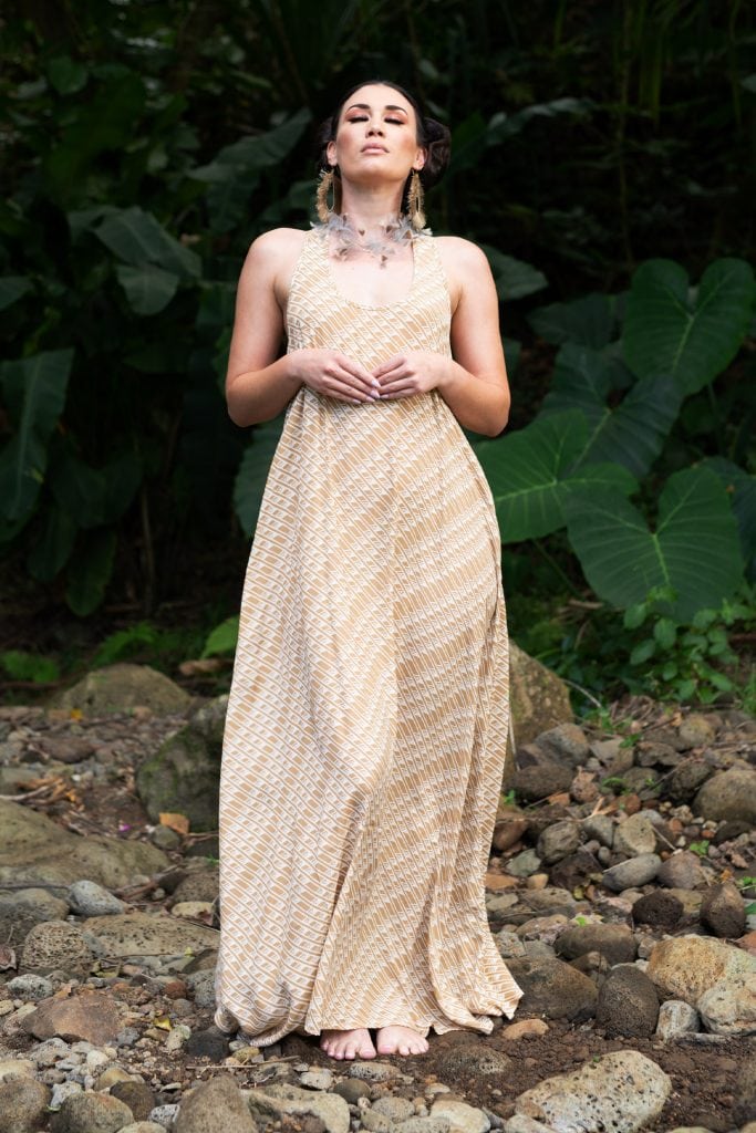 Model wearing Kaimanahila Long Dress in Tannin Moonbeam Hulunene - Front View