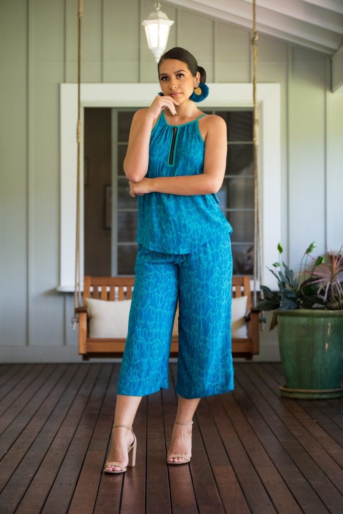 Model wearing Kaiulani Top in Blue/Blue Grass Kapualiko - Front View