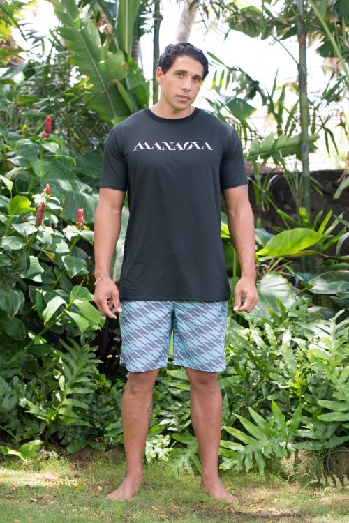 Male model wearing Manaola Logo T-Shirt in Solid Black with White Writing - Front View