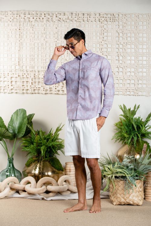 Male model wearing Aloha Long Sleeve in Lavender Blue/Halogen Blue Kalihilehua - Front View