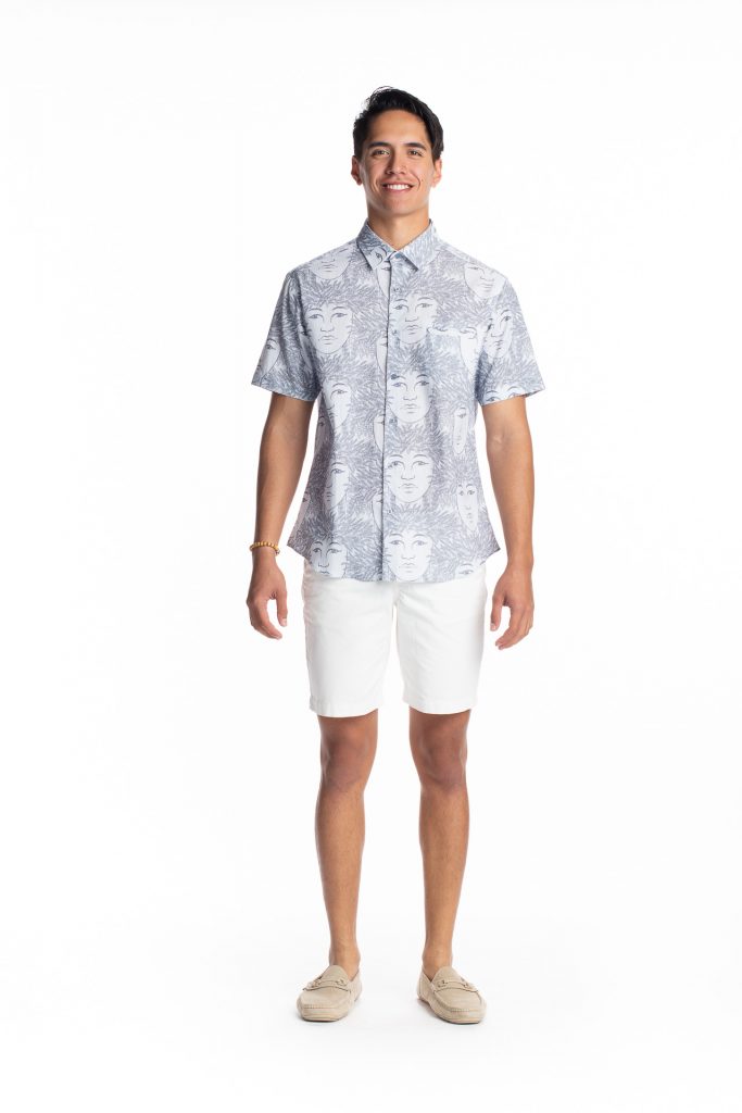 Male model wearing Aloha Short Sleeve in Halogen Blue/Folkstone Grey Laukapalili - Front View View