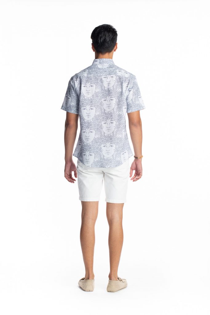 Male model wearing Aloha Short Sleeve in Halogen Blue/Folkstone Grey Laukapalili - Back View