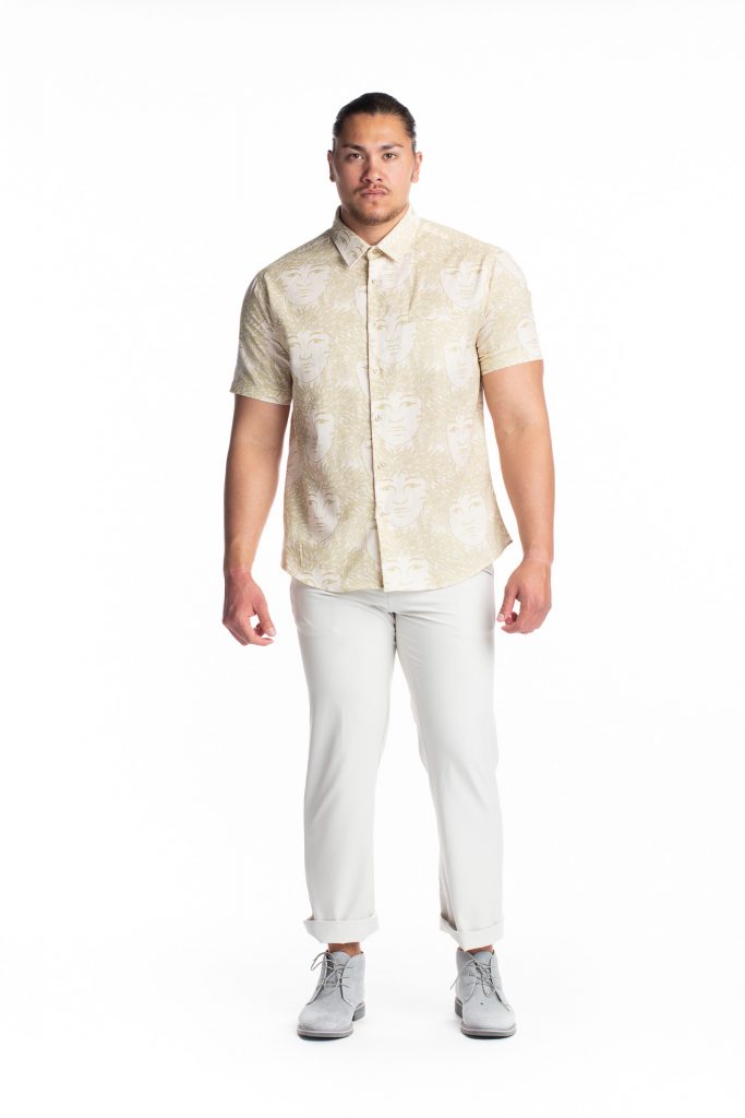 Male model wearing Aloha Short Sleeve in White Swan/Sage Green/Laukapalili - Front View