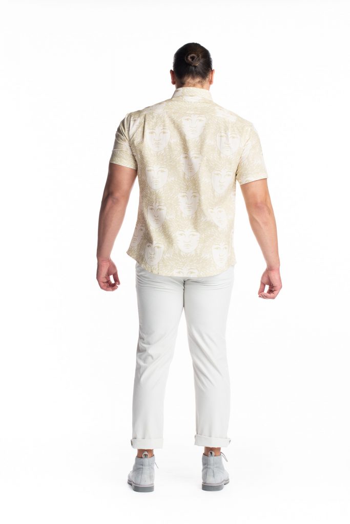 Male model wearing Aloha Short Sleeve in White Swan/Sage Green/Laukapalili - Back View