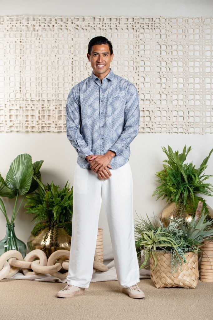 Male model wearing Aloha Long Sleeve in Folkstone Grey/White Swan Amau - Front View