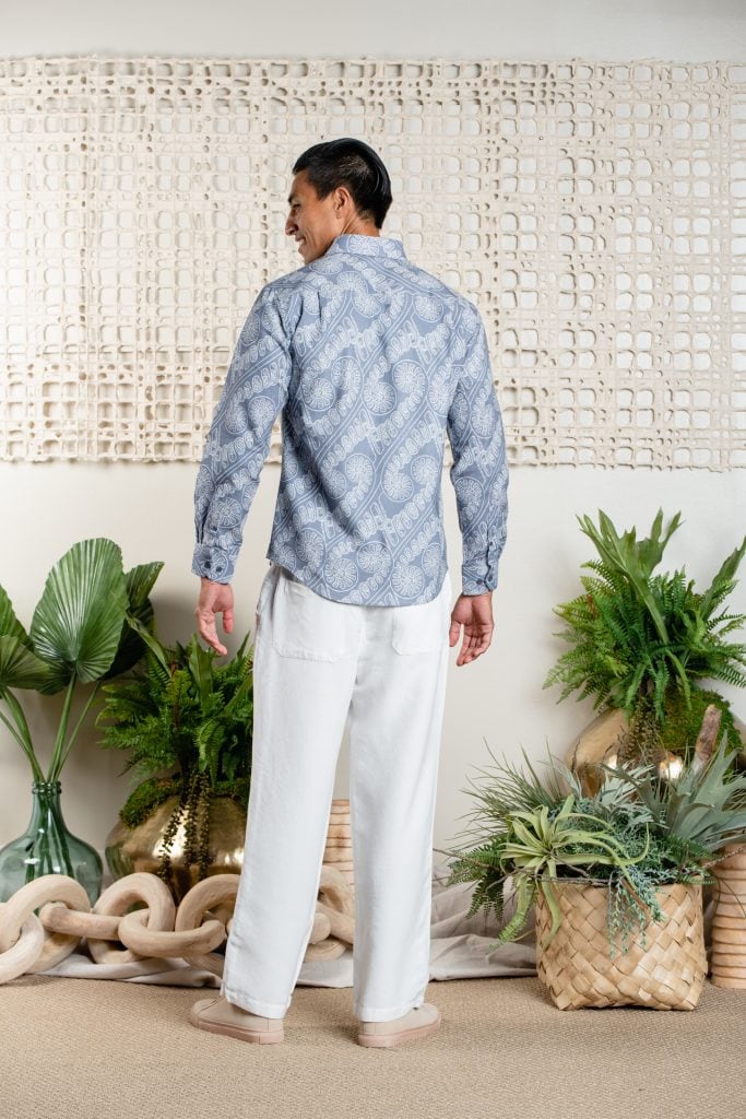 Male model wearing Aloha Long Sleeve in Folkstone Grey/White Swan Amau - Back View