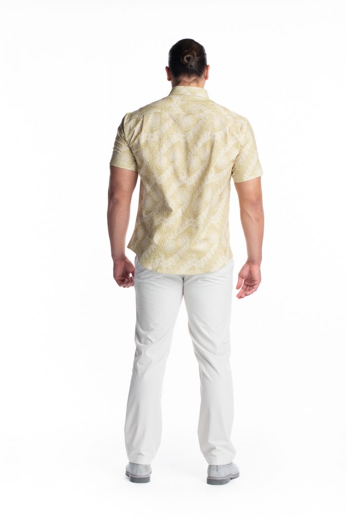 Male model wearing Aloha Short Sleeve in White Swan/Sage Green Laukapalili - Back View