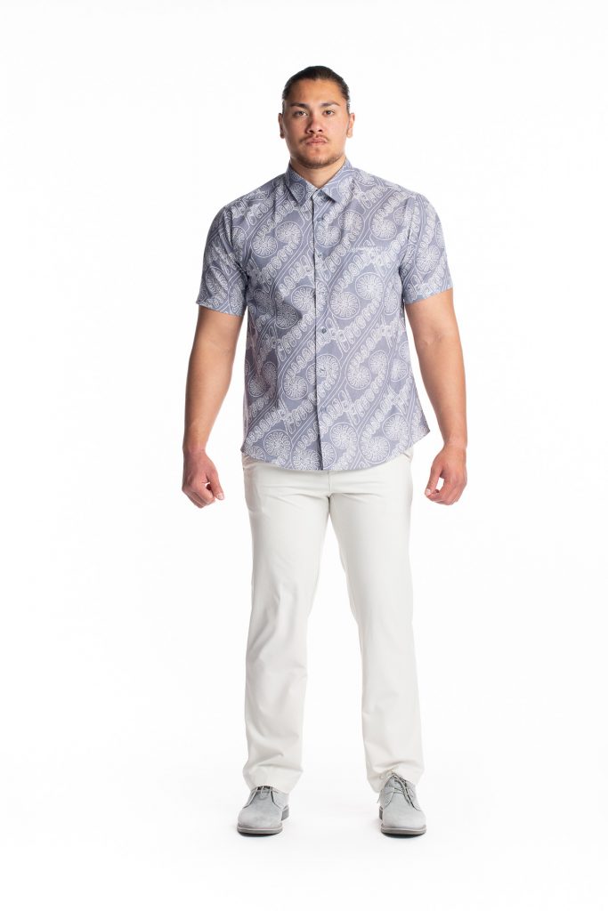 Male model wearing Aloha Short Sleeve in Folkstone/White Swan Amau - Front View