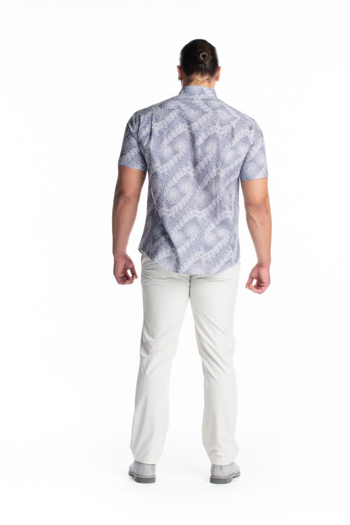 Male model wearing Aloha Short Sleeve in Folkstone/White Swan Amau - Back View