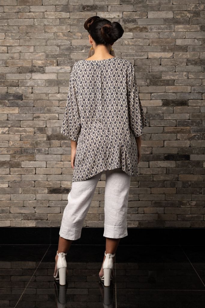 Model wearing Mailei Cover-Up in Pavement Moonbeam Palulu Pattern - Back View