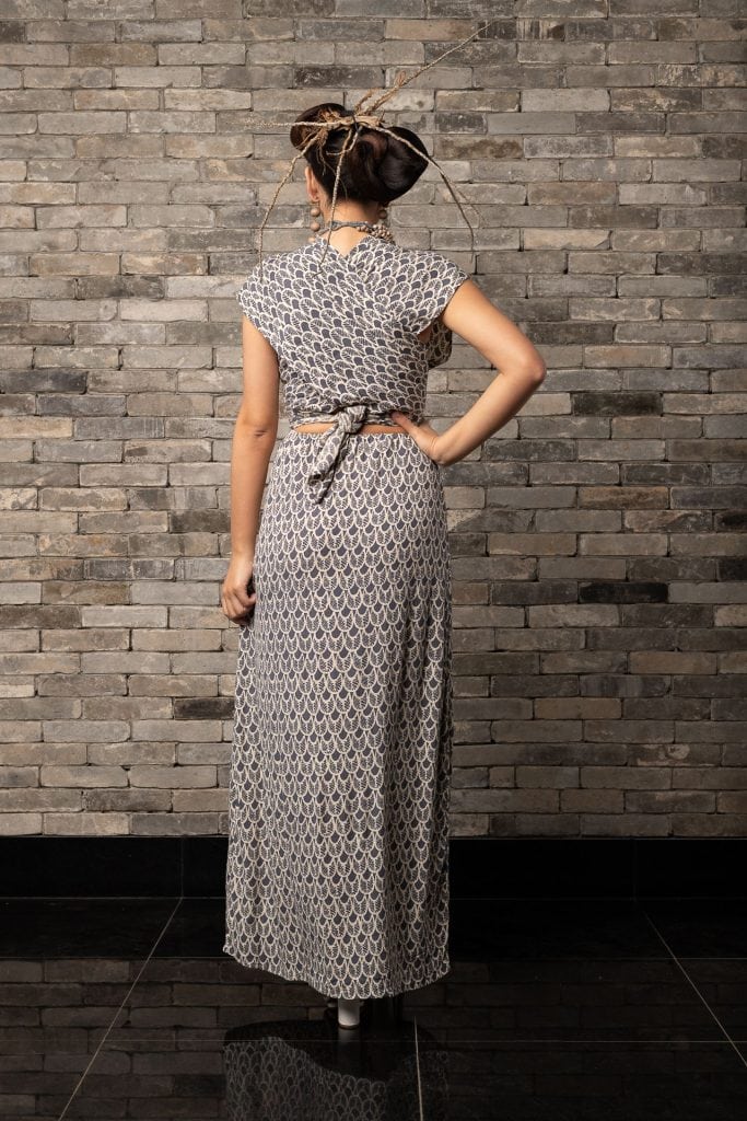 Model wearing Hilo Dress in Pavement Moonbeam Palulu Pattern - Back View