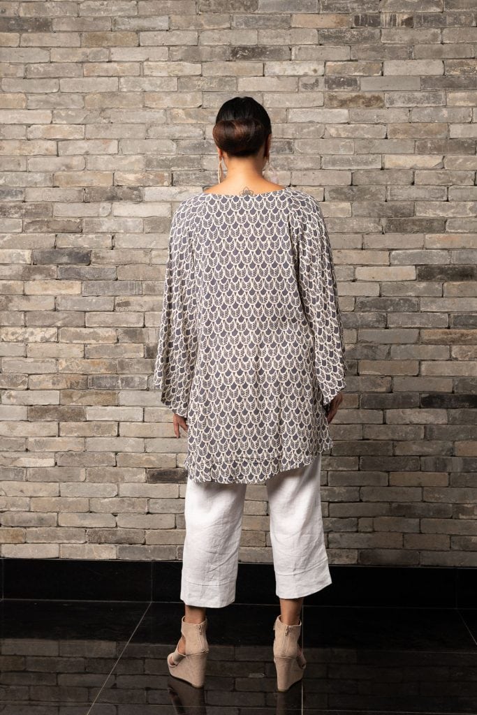Model wearing Mailei Cover-Up in Pavement Moonbeam Palulu Pattern- Back View