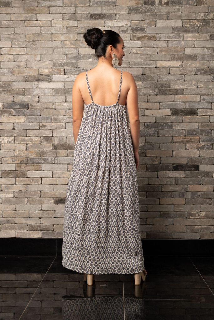 Model wearing Lei Dress in Pavement Moonbeam Palulu Pattern - Back View