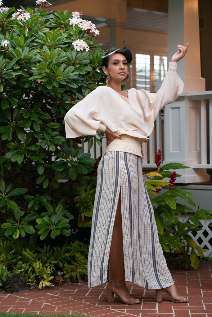 Model wearing Kahiki Skirt Long in Pavement Moonbeam Hoonionio Pattern - Front View