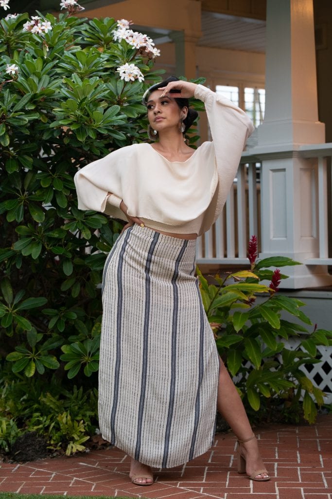 Model wearing Kahiki Skirt Long in Pavement Moonbeam Hoonionio Pattern - Front View