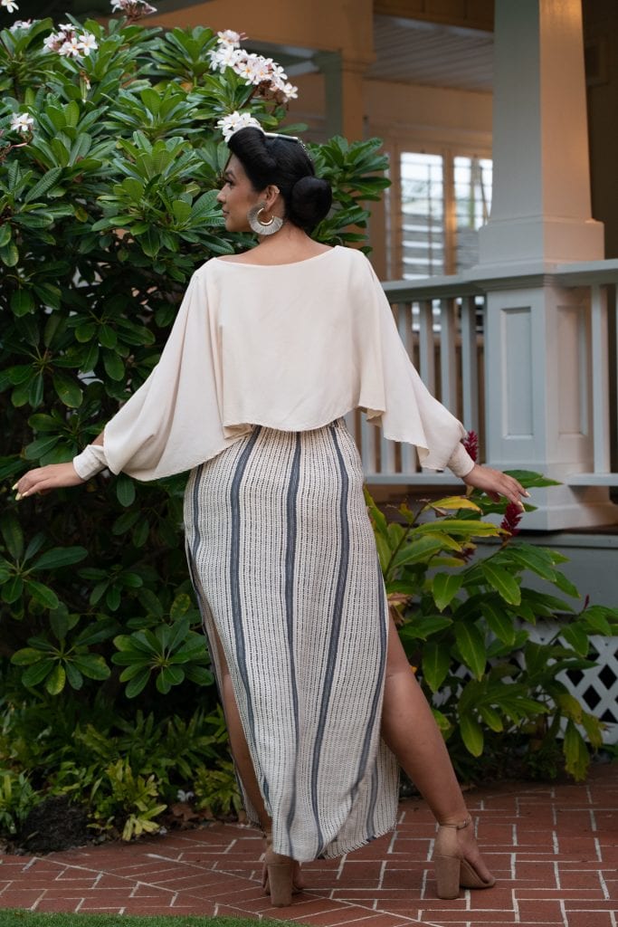 Model wearing Kahiki Skirt Long in Pavement Moonbeam Hoonionio Pattern - Back View