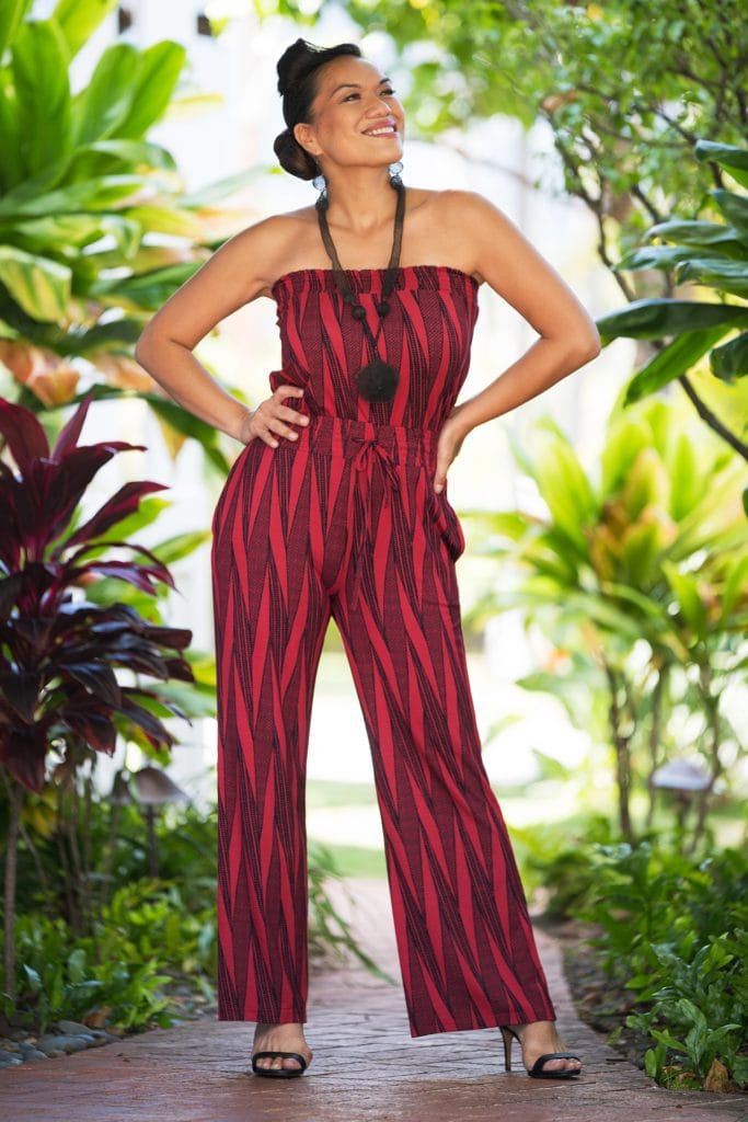 Model wearing Pakalana Jumpsuit in Brick Red Deepwell Kialoa Pattern - Front View