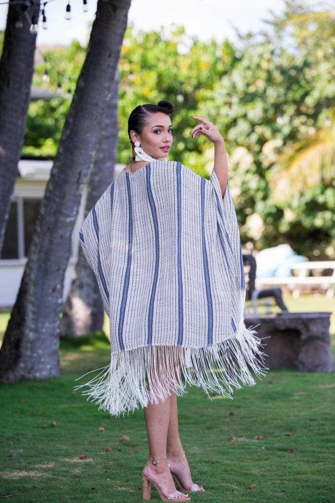 Model wearing Lihilihi Fringe kaftan
