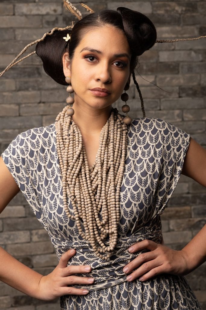 Model wearing Hilo Dress in Pavement Moonbeam Palulu Pattern - Front View