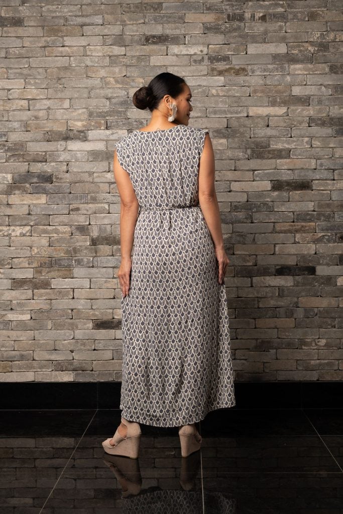 Model wearing Alena Long Dress in Pavement Moonbeam Palulu Pattern - Back View