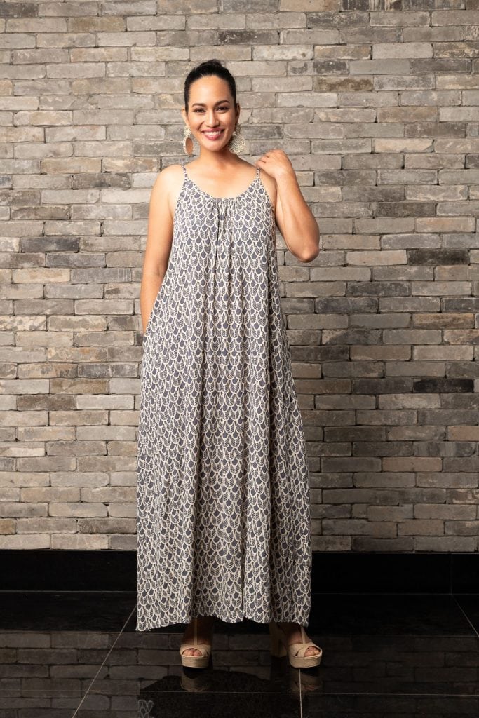 Model wearing Lei Dress in Pavement Moonbeam Palulu Pattern - Front View