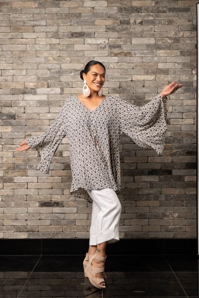 Model wearing Mailei Cover-Up in Pavement Moonbeam Palulu Pattern - Front View