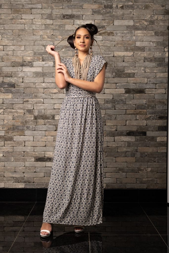 Model wearing Hilo Dress in Pavement Moonbeam Palulu Pattern - Front View