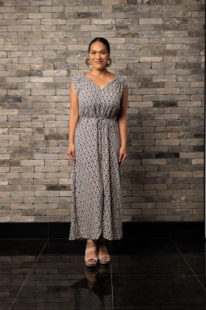 Model wearing Alena Long Dress in Pavement Moonbeam Palulu Pattern - Front View