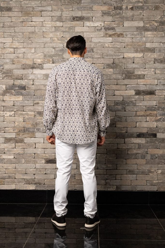 Male model wearing Hilo Shirt L-S in Pavement Moonbeam Palulu Pattern - Back View