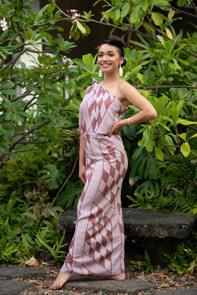 Model wearing Pareo Jumpsuit in Fried Brick White Kamehameha Pattern - Front View