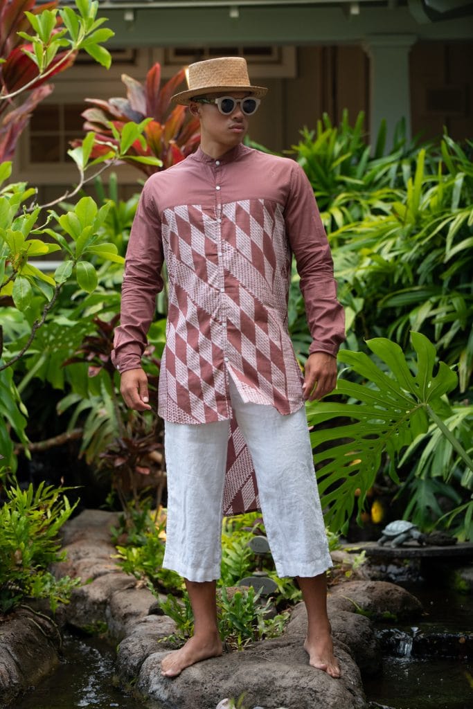 Male Model wearing Mandarin Half Tunic in Fired Brick White Kamehameha Pattern - Front View