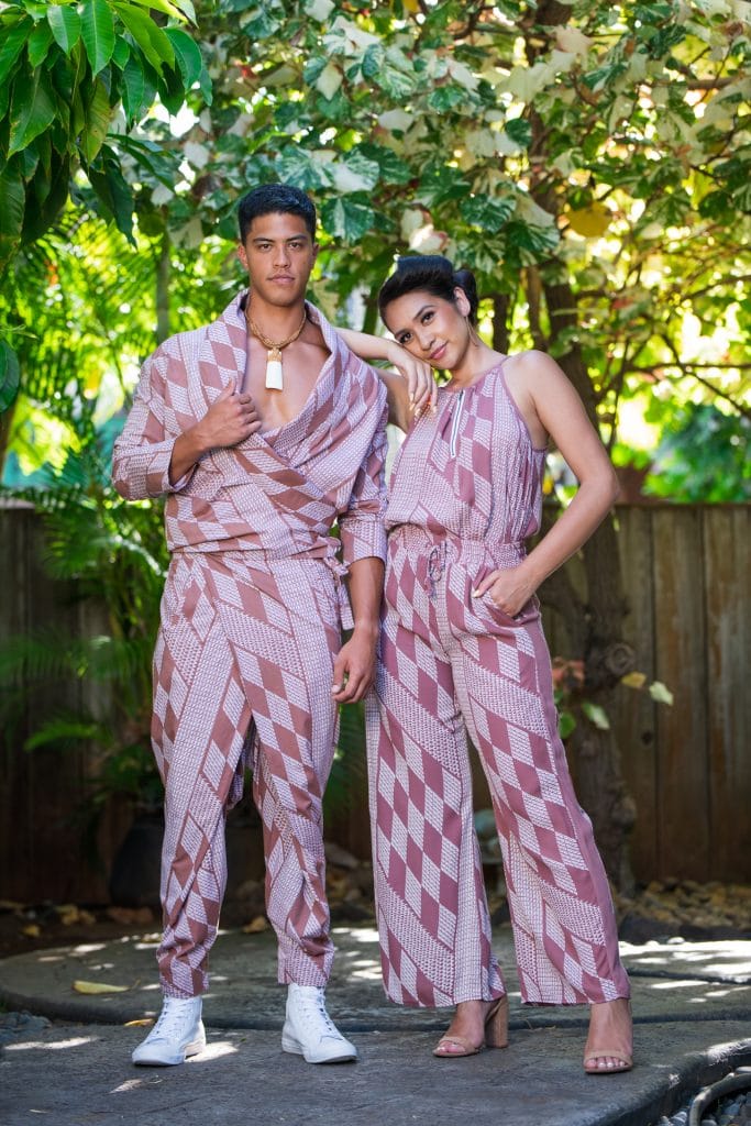 Male model wearing Mohala Jacket and Female wearing Kaiulani Top in Fired Brick White