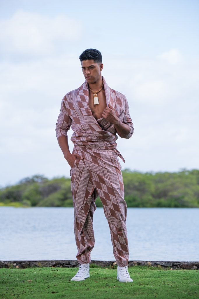 Male Model wearing Kepa Pant in Fired Brick White Kamehahema Pattern - Front View