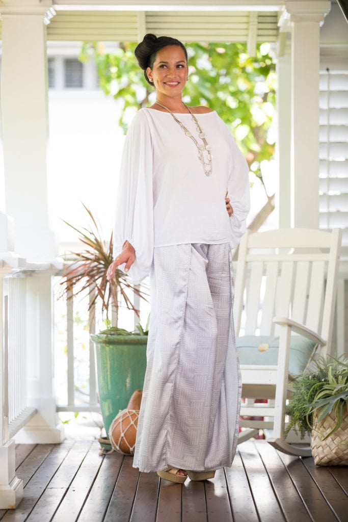 Model wearing Hapuna Pant in Blanc De-Lilac Grey Ulana Pattern- Front View