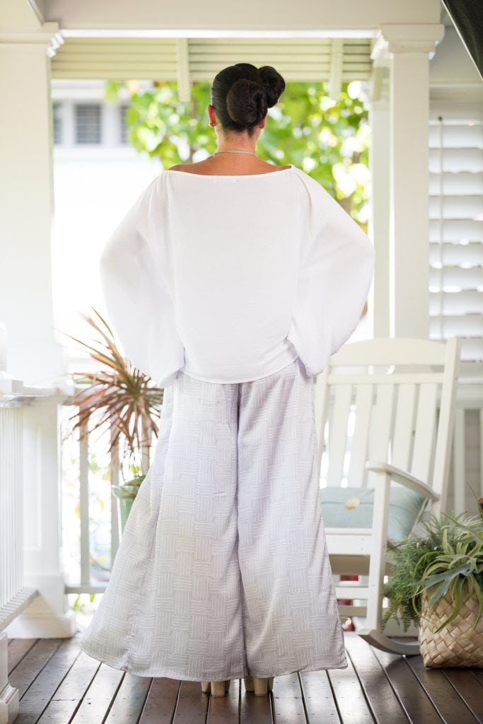 Model wearing Hapuna Pant in Blanc De-Lilac Grey Ulana Pattern- Back View
