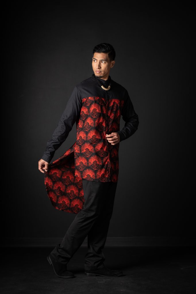 Model wearing Mandarin Tunic in Black Firey Red Kalihilehua Pattern - Front View