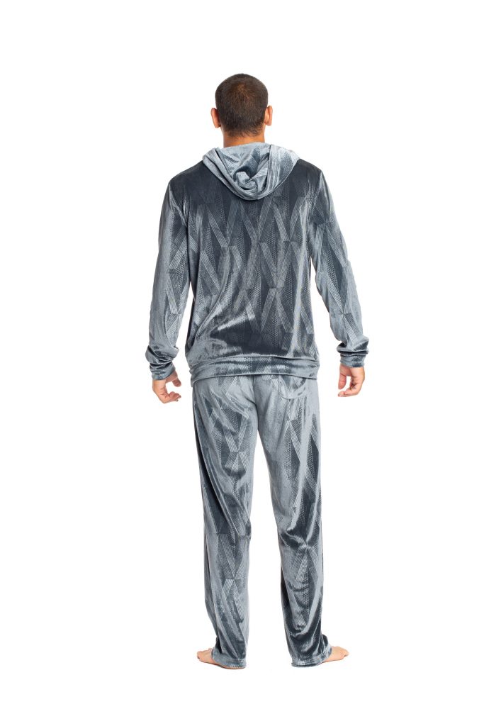 Male Model wearing Kahakai Beach Pant in Sharkskin Grey Kanaloa Pattern - Back View