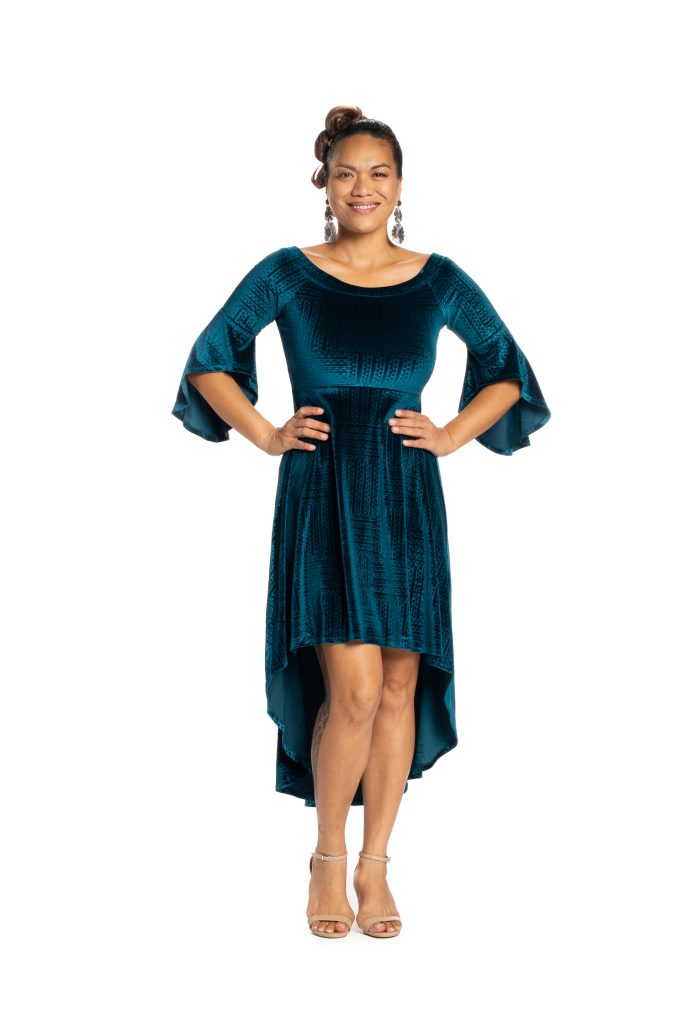 Model wearing Melia Dress in Peacock Teal Ulana Pattern- Front View