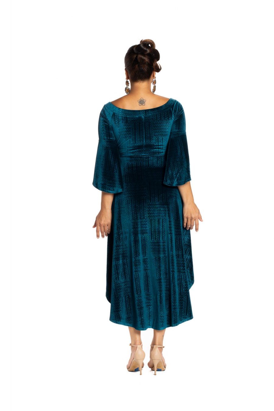 Model wearing Melia Dress in Peacock Teal Ulana Pattern- Back View