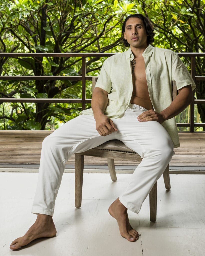 Male model wearing Aloha Short Sleeve in Margarita Tofu Kupukupu Pattern Front View