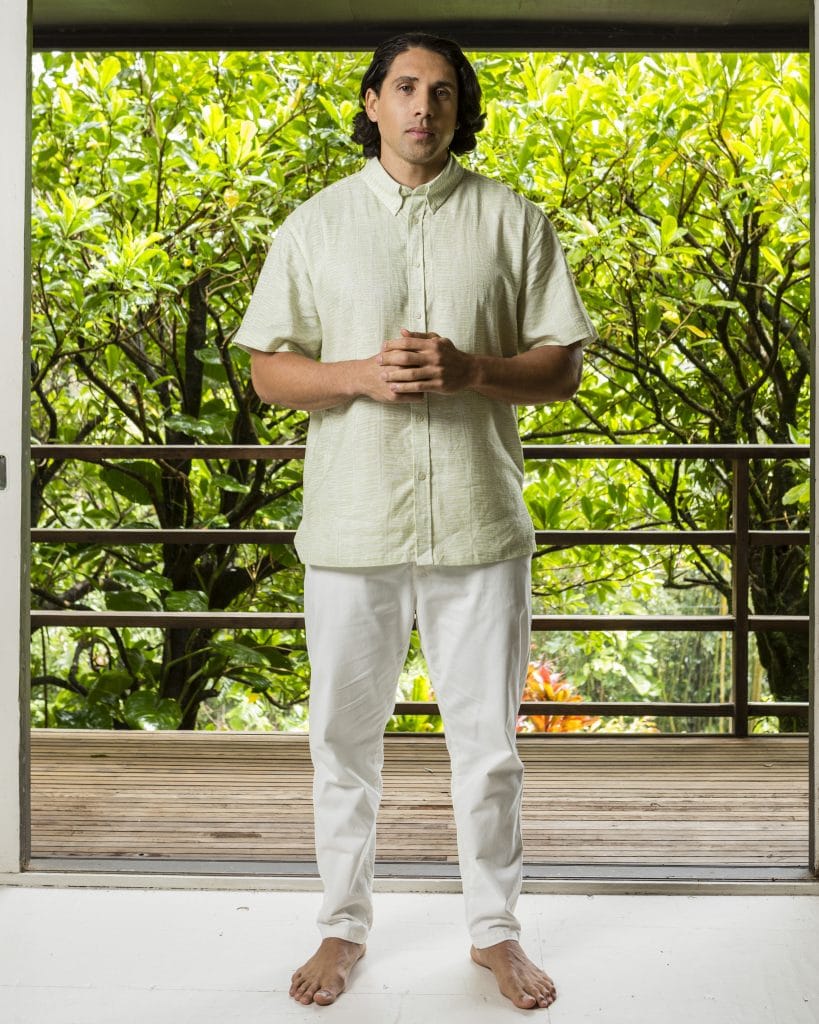 Male model wearing Aloha Short Sleeve in Margarita Tofu Kupukupu Pattern Front View
