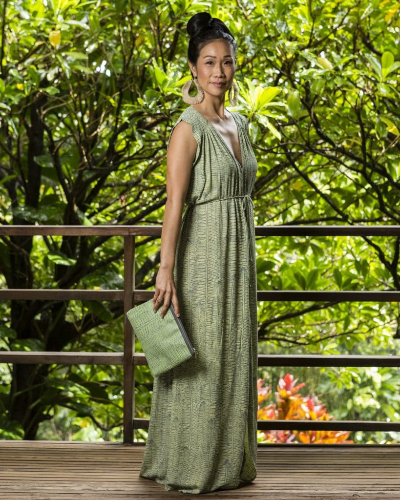 Model Wearing Alena Long Dress in Margarita Lily Pad Kupukupu pattern
