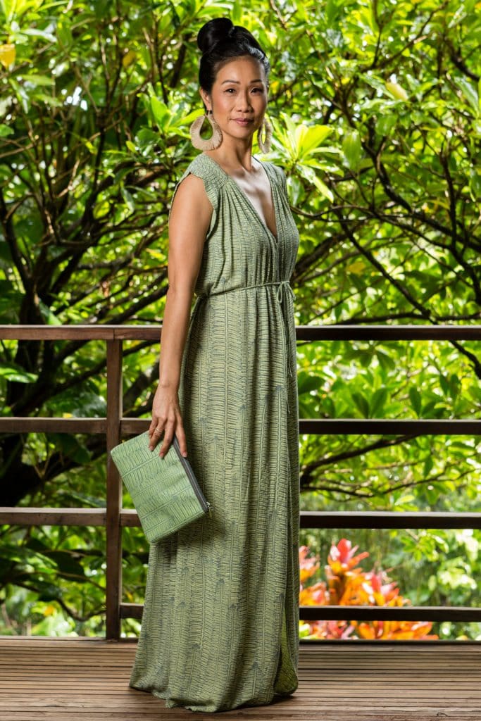 Model wearing Alena Long Dress Margarita Lily Pad Color and Kupukupu pattern