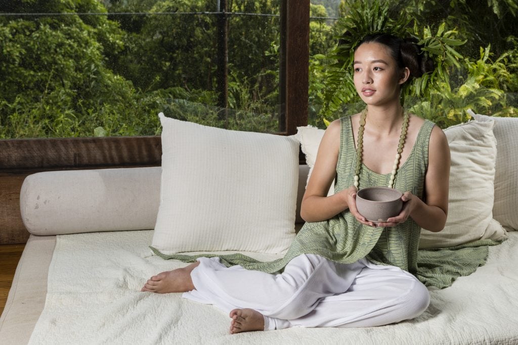 Model wearing Tapa Top in Margarita Lily Pad Kupukupu Pattern front view