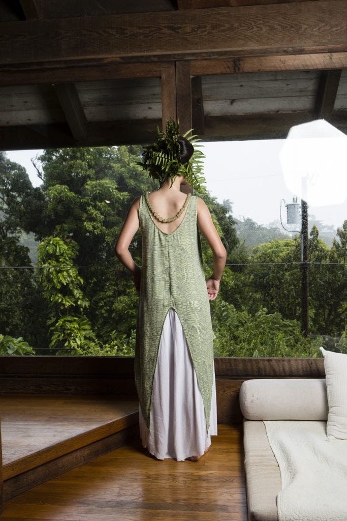 Model wearing Tapa Top in Margarita Lily Pad Kupukupu Pattern back view