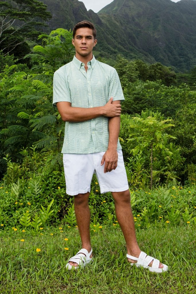 Male model wearing Mahalo Shirt in Lily Pad Margarita Kupukupu pattern