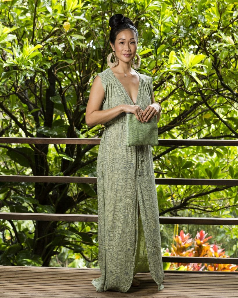 Model Wearing Alena Long Dress in Margarita Lily Pad Kupukupu pattern